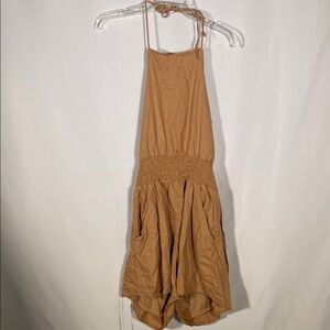 AMERICAN EAGLE WOMENS LINEN BLEND HALTER ROMPER TAN MEDIUM TALL NEW TAGS